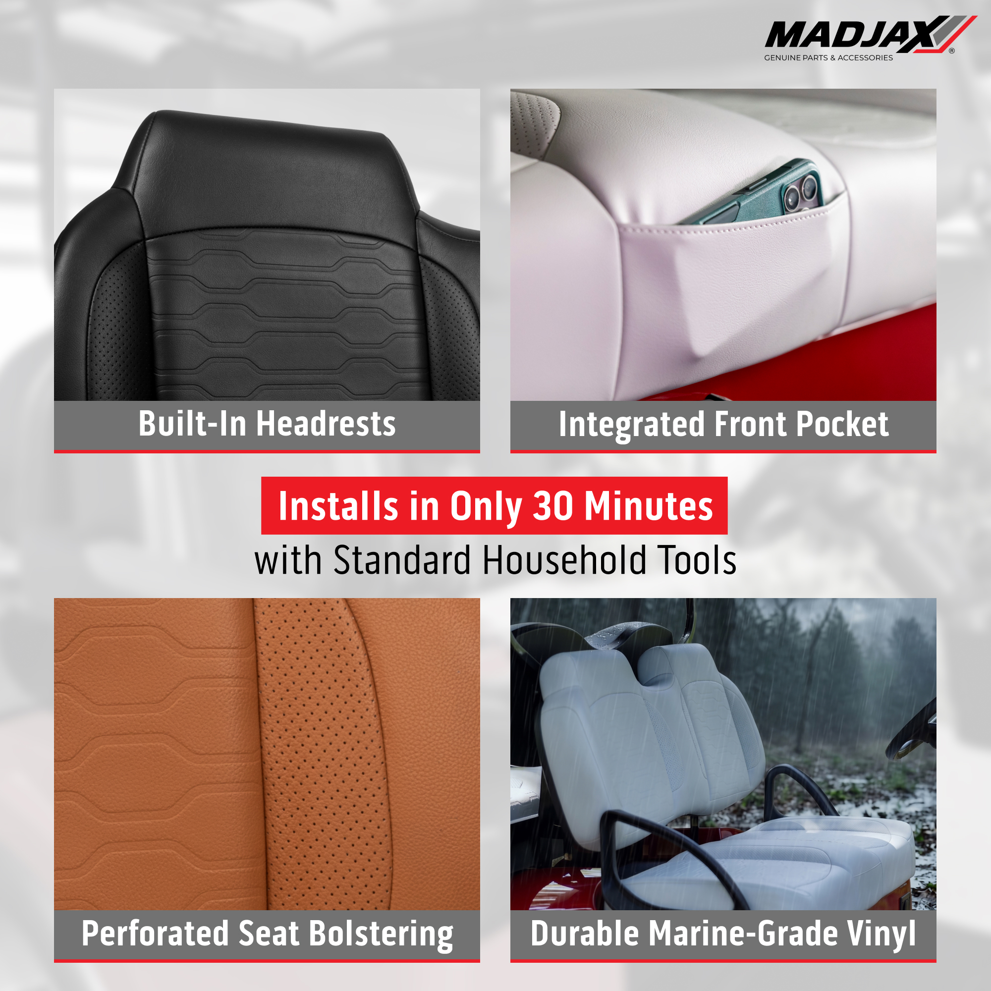 MadJax EZGO TXT/RXV/L4/S4 Caramel Brown Aspen Front Seat Cushions